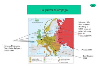 La guerra relámpago Los Balcanes 1941 Polonia 1939 Noruega, Dinamarca, Países Bajos, Bélgica y Francia 1940 Mientras Hitler lleva a cabo la Blitzkrieg la URSS ocupa los países bálticos y parte de Finlandia (1939) 29 