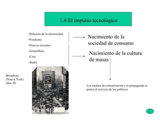 1.4 El impulso tecnológico Difusión de la electricidad Fordismo Nuevos inventos -Gramófono -Cine -Radio Nacimiento de la sociedad de consumo Nacimiento de la cultura de masas Los medios de comunicación y la propaganda se ponen al servicio de los políticos Broadway (Nueva York) años 20 3 
