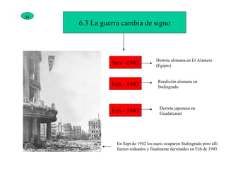 6.3 La guerra cambia de signo Nov -1942 Derrota alemana en El Alamein (Egipto) Feb - 1943 Rendición alemana en Stalingrado Feb - 1943 Derrota japonesa en Guadalcanal En Sept de 1942 los nazis ocuparon Stalingrado pero allí fueron rodeados y finalmente derrotados en Feb de 1943 34 