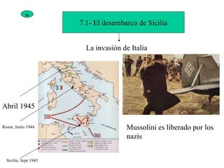 7.1- El desembarco de Sicilia La invasión de Italia Sicilia: Sept 1943 Roma: Junio 1944 Abril 1945 Mussolini es liberado por los nazis 36 