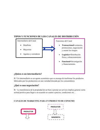 TIPOS Y FUNCIONES DE LOS CANALES DE DISTRIBUCIÓN
    Intermediario del Canal                           Funciones del Canal

        •   Detallista                                    •   Transaccional=contactos,
                                                              promociones, negociación
        •   Mayorista                                         y asume los riesgos.
        •   Agentes y corredores                          •   Logística=Distribución
                                                              física y almacenamiento.

                                                          •   Funcional=Investigación
                                                              y financiamiento.




¿Quien es un intermediario?
R// Un intermediario es un agente económico que se encarga de trasformar los productos
fabricados por los productores en una variedad deseada por los consumidores.

¿Qué es una negociación?
R// La transferencia de la propiedad de un bien o prestar un servicio implica generar cierta
actitud positiva para llegar a un acuerdo en cuanto a precios, condiciones etc…



CANALES DE MARKETING PARA UN PRODUCTO DE CONSUMO

                                               PRODUCTOR

            PRODUCTOR


                                                MINORISTA
 