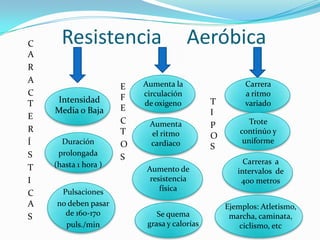 C     Resistencia                       Aeróbica
A
R
A                         Aumenta la                   Carrera
                      E
C                     F   circulación                  a ritmo
T   Intensidad            de oxigeno          T        variado
    Media o Baja      E                       I
E                     C    Aumenta            P          Trote
R                     T    el ritmo                   continúo y
                                              O
Í     Duración        O    cardiaco                    uniforme
                                              S
S    prolongada
                      S                                Carreras a
T   (hasta 1 hora )
                           Aumento de                intervalos de
I                           resistencia               400 metros
     Pulsaciones               física
C
A   no deben pasar                                Ejemplos: Atletismo,
S     de 160-170              Se quema             marcha, caminata,
      puls./min            grasa y calorías           ciclismo, etc
 