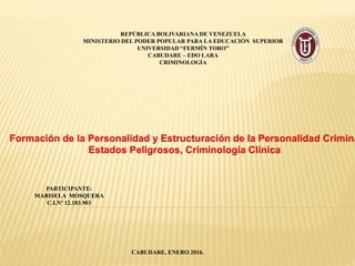 REPÚBLICA BOLIVARIANA DE VENEZUELA
MINISTERIO DEL PODER POPULAR PARA LA EDUCACIÓN SUPERIOR
UNIVERSIDAD “FERMÍN TORO”
CABUDARE – EDO LARA
CRIMINOLOGÍA
PARTICIPANTE:
MARISELA MOSQUERA
C.I.Nº 12.183.903
CABUDARE, ENERO 2016.
Formación de la Personalidad y Estructuración de la Personalidad Crimina
Estados Peligrosos, Criminología Clínica
 