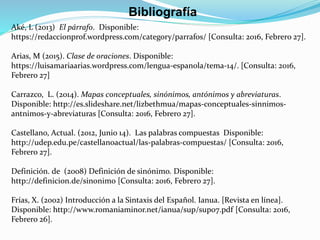 Aké, L (2013) El párrafo. Disponible:
https://redaccionprof.wordpress.com/category/parrafos/ [Consulta: 2016, Febrero 27].
Arias, M (2015). Clase de oraciones. Disponible:
https://luisamariaarias.wordpress.com/lengua-espanola/tema-14/. [Consulta: 2016,
Febrero 27]
Carrazco, L. (2014). Mapas conceptuales, sinónimos, antónimos y abreviaturas.
Disponible: http://es.slideshare.net/lizbethmua/mapas-conceptuales-sinnimos-
antnimos-y-abreviaturas [Consulta: 2016, Febrero 27].
Castellano, Actual. (2012, Junio 14). Las palabras compuestas Disponible:
http://udep.edu.pe/castellanoactual/las-palabras-compuestas/ [Consulta: 2016,
Febrero 27].
Definición. de (2008) Definición de sinónimo. Disponible:
http://definicion.de/sinonimo [Consulta: 2016, Febrero 27].
Frías, X. (2002) Introducción a la Sintaxis del Español. Ianua. [Revista en línea].
Disponible: http://www.romaniaminor.net/ianua/sup/sup07.pdf [Consulta: 2016,
Febrero 26].
Bibliografía
 