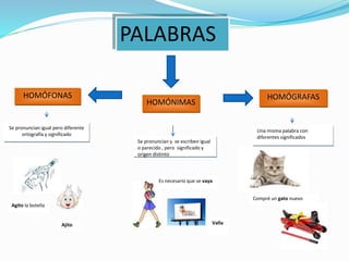 PALABRAS
HOMÓFONAS
Agito la botella
Ajito
Se pronuncian igual pero diferente
ortografía y significado
HOMÓGRAFAS
Compré un gato nuevo
HOMÓNIMAS
Una misma palabra con
diferentes significados
Es necesario que se vaya
Valla
Se pronuncian y se escriben igual
o parecido , pero significado y
origen distinto
 