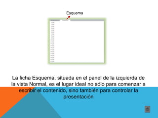 Esquema
La ficha Esquema, situada en el panel de la izquierda de
la vista Normal, es el lugar ideal no sólo para comenzar a
escribir el contenido, sino también para controlar la
presentación
 