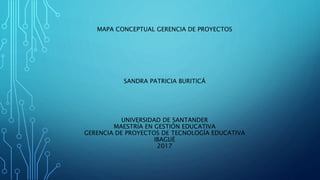 MAPA CONCEPTUAL GERENCIA DE PROYECTOS
SANDRA PATRICIA BURITICÁ
UNIVERSIDAD DE SANTANDER
MAESTRÍA EN GESTIÓN EDUCATIVA
GERENCIA DE PROYECTOS DE TECNOLOGÍA EDUCATIVA
IBAGUÉ
2017
 