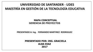 UNIVERSIDAD DE SANTANDER - UDES
MAESTRÍA EN GESTIÓN DE LA TECNOLOGÍA EDUCATIVA
MAPA CONCEPTUAL
GERENCIA DE PROYECTOS
PRESENTADO POR: ING. GRACIELA
ALBA DIAZ
2017
PRESENTADO A: Ing. FERNANDO MARTINEZ RODRIGUEZ
 