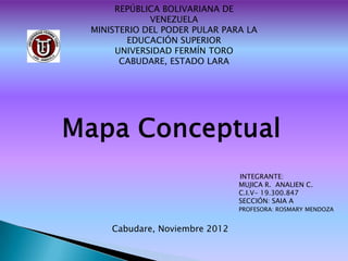 REPÚBLICA BOLIVARIANA DE
            VENEZUELA
MINISTERIO DEL PODER PULAR PARA LA
       EDUCACIÓN SUPERIOR
     UNIVERSIDAD FERMÍN TORO
      CABUDARE, ESTADO LARA




                               INTEGRANTE:
                               MUJICA R. ANALIEN C.
                               C.I.V- 19.300.847
                               SECCIÓN: SAIA A
                               PROFESORA: ROSMARY MENDOZA


    Cabudare, Noviembre 2012
 