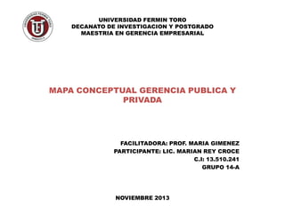 UNIVERSIDAD FERMIN TORO
DECANATO DE INVESTIGACION Y POSTGRADO
MAESTRIA EN GERENCIA EMPRESARIAL

MAPA CONCEPTUAL GERENCIA PUBLICA Y
PRIVADA

FACILITADORA: PROF. MARIA GIMENEZ
PARTICIPANTE: LIC. MARIAN REY CROCE
C.I: 13.510.241
GRUPO 14-A

NOVIEMBRE 2013

 