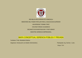 REPUBLICA BOLIVARIANA DE VENEZUELA
MINISTERIO DEL PODER POPULAR PARA LA EDUCACION SUPERIOR
UNIVERSIDAD” FERMIN TORO”
VICE-RECTORADO ACADEMICO
DECANATO DE INVESTIGACION Y POST-GRADO
MAESTRIA GERENCIA EMPRESARIAL
MAPA CONCEPTUAL GERENCIA PÚBLICA Y PRIVADA
Facilitador: Profa. Marialberth Medina.
Asignatura: Introducción a la Gestión Administrativa. Participante: Ing. Carmen J. León.
Grupo: 15 A
 