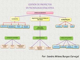 GERENCIA DE PROYECTOS
OBJETIVOS
CLAROS
ORGANIZAR Y ADMINISTRAR LOS
RECURSOS ESTRATEGIAS
COSTETIEMPOALCANCEORGANIZACIÓN RESULTADOS
ESPERADOS
ELEMENTOS
EJECUTAR
ACTIVIDADES
RESULTADOS
(PRODUCTOS O
SERVICIOS)
DURACIÓN
CARACTERÍSTICAS
RESPONSABLES
DEL PROYECTO
DIRECCIÓN GENERALCONTEXTO O ENTORNO
SEGUIMIENTO
FÍSICO INTERNACIONAL
Y POLÍTICO
CULTURAL Y
SOCIAL CONTABILIDAD
GESTIÓN
FINANCIERA
CONTRATOS
COMPRAS Y
VENTAS
GESTIÓN DE PROYECTOS
EN TECNOLOGIA EDUCATIVA
Por: Sandra Milena Burgos Carvajal
 