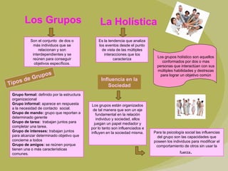 Son el conjunto  de dos o más individuos que se relacionan y son interdependientes y se reúnen para conseguir objetivos específicos. Es la tendencia que analiza los eventos desde el punto de vista de las múltiples interacciones que los caracteriza Los Grupos La Holística Los grupos holístico son aquellos conformados por dos o mas personas que interactúan con sus múltiples habilidades y destrezas para lograr un objetivo común Tipos de Grupos Grupo formal:  definido por la estructura organizacional Grupo informal:  aparece en respuesta a la necesidad de contacto  social. Grupo de mando:  grupo que reportan a determinado gerente Grupo de tarea:   trabajan juntos para completar una tarea. Grupo de intereses:  trabajan juntos para alcanzar determinado objetivo que concierne a todos Grupo de amigos:  se reúnen porque tienen una o más características comunes. Para la psicología social las influencias del grupo son las capacidades que poseen los individuos para modificar el comportamiento de otros sin usar la fuerza .  Influencia en la Sociedad Los grupos están organizados de tal manera que son un eje fundamental en la relación individuo y sociedad, ellos juegan un papel mediador y por lo tanto son influenciados e influyen en la sociedad misma. 