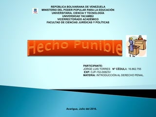 REPÚBLICA BOLIVARIANA DE VENEZUELA
MINISTERIO DEL PODER POPULAR PARA LA EDUCACIÓN
UNIVERSITARIA, CIENCIA Y TECNOLOGÍA
UNIVERSIDAD YACAMBÚ
VICERRECTORADO ACADÉMICO
FACULTAD DE CIENCIAS JURÍDICAS Y POLÍTICAS
PARTICIPANTE:
JORGE LUIS TORRES N° CÉDULA: 16.862.755
EXP: CJP-152-00823V
MATERIA: INTRODUCCIÓN AL DERECHO PENAL.
Acarigua, Julio del 2016.
 