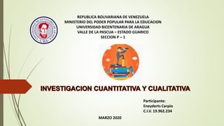 REPUBLICA BOLIVARIANA DE VENEZUELA
MINISTERIO DEL PODER POPULAR PARA LA EDUCACION
UNIVERSIDAD BICENTENARIA DE ARAGUA
VALLE DE LA PASCUA – ESTADO GUARICO
SECCION P – 1
Participante:
Eneyderts Carpio
C.I.V. 19.962.234
MARZO 2020
 