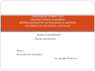 MAPA CONCEPTUAL Diseño automotriz  Tutor: Prof.: Hector Gonzalez Lic. Jacobo Ochoa G. UNIVERSIDAD FERMIN TORO VICERRECTORADO ACADEMICO SISTEMA INTERACTIVO DE EDUCACIÓN A DISTANCIA DIPLOMADO EN EDUCACIÓN A DISTANCIA 