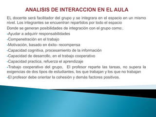 EL docente será facilitador del grupo y se integrara en el espacio en un mismo
nivel. Los integrantes se encuentran repartidos por todo el espacio
Donde se generan posibilidades de integración con el grupo como:.
Ayudar a adquirir responsabilidades

Compenetración en el trabajo

Motivación, basado en éxito- recompensa

Capacidad cognitiva, procesamiento de la información

Capacidad de desarrollo, en el trabajo cooperativo

Capacidad practica, refuerza el aprendizaje

Trabajo cooperativo del grupo, El profesor reparte las tareas, no supera la
exigencias de dos tipos de estudiantes, los que trabajan y los que no trabajan
El profesor debe orientar la cohesión y demás factores positivos.
 