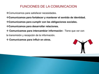 FUNCIONES DE LA COMUNICACION
Comunicarnos para satisfacer necesidades.
Comunicamos para fortalecer y mantener el sentido de identidad.
Comunicamos para cumplir con las obligaciones sociales.
Comunicamos para desarrollar relaciones.
 Comunicamos para intercambiar información : Tiene que ver con
la transmisión y recepción de la información.
 Comunicamos para influir en otros.
 