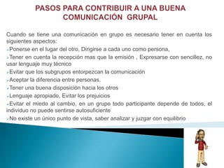 Cuando se tiene una comunicación en grupo es necesario tener en cuenta los
siguientes aspectos:
Ponerse en el lugar del otro, Dirigirse a cada uno como persona,

Tener en cuenta la recepción mas que la emisión , Expresarse con sencillez, no
usar lenguaje muy técnico
Evitar que los subgrupos entorpezcan la comunicación

Aceptar la diferencia entre personas.

Tener una buena disposición hacia los otros

Lenguaje apropiado, Evitar los prejuicios

Evitar el miedo al cambio, en un grupo todo participante depende de todos, el
individuo no puede sentirse autosuficiente
No existe un único punto de vista, saber analizar y juzgar con equilibrio
 