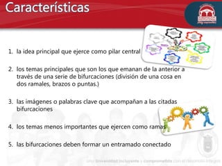 1. la idea principal que ejerce como pilar central
2. los temas principales que son los que emanan de la anterior a
través de una serie de bifurcaciones (división de una cosa en
dos ramales, brazos o puntas.)
3. las imágenes o palabras clave que acompañan a las citadas
bifurcaciones
4. los temas menos importantes que ejercen como ramas
5. las bifurcaciones deben formar un entramado conectado
 