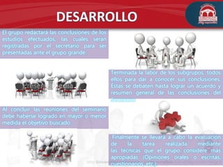 .Finalmente se llevará a cabo la evaluación
de la tarea realizada mediante
las técnicas que el grupo considere más
apropiadas (Opiniones orales o escritas,
cuestionarios, etc.).
Al concluir las reuniones del seminario
debe haberse logrado en mayor o menor
medida el objetivo buscado.
El grupo redactará las conclusiones de los
estudios efectuados, las cuales serán
registradas por el secretario para ser
presentadas ante el grupo grande.
Terminada la labor de los subgrupos, todos
ellos para dar a conocer sus conclusiones,
Éstas se debaten hasta lograr un acuerdo y
resumen general de las conclusiones del
Seminario
 