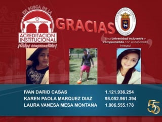 IVAN DARIO CASAS 1.121.936.254
KAREN PAOLA MARQUEZ DIAZ 98.052.961.394
LAURA VANESA MESA MONTAÑA 1.006.555.178
 