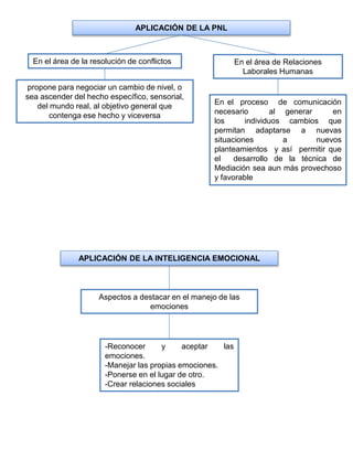 APLICACIÓN DE LA PNL
En el área de la resolución de conflictos
propone para negociar un cambio de nivel, o
sea ascender del hecho específico, sensorial,
del mundo real, al objetivo general que
contenga ese hecho y viceversa
En el área de Relaciones
Laborales Humanas
En el proceso de comunicación
necesario al generar en
los individuos cambios que
permitan adaptarse a nuevas
situaciones a nuevos
planteamientos y así permitir que
el desarrollo de la técnica de
Mediación sea aun más provechoso
y favorable
APLICACIÓN DE LA INTELIGENCIA EMOCIONAL
Aspectos a destacar en el manejo de las
emociones
-Reconocer y aceptar las
emociones.
-Manejar las propias emociones.
-Ponerse en el lugar de otro.
-Crear relaciones sociales
 