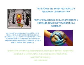 TENSIONES DEL SABER PEDAGOGICO Y
                                                      PEDAGOGIA UNIVERSITARIA



                                           TRANSFORMACIONES DE LA UNIVERSIDAD Y
                                                PORVENIR COMO INSTITUCION DE LA
                                                                 SOCIEDAD


  MAPA CONCEPTUAL REALIZADO A PARTIR DE EL TEXTO:
  IBARRA, E (1998). RESEÑA SOBRE UNIVERSIDAD EN LA
PENUMBRA Y MAS ALLA: NOTAS PARA COMPRENDER LA GRAN
 TRANSFORMACION DE LA UNIVERSIDAD Y DISCUTIR SU
PORVENIR COMO INSTITUCION DE LA SOCIEDAD, DE PABLO
         GENTILI. ESPIRAL, VOL 9, NUMERO 27.




    ELABORADO POR LINA FERNANDA VELEZ BOTERO EN EL DIPLOMADO DE PEDAGOGIA UNIVERSITARIA

            UNIVERSIDAD DE SAN BUENAVETURA CALI MODULO PEDAGOGIA UNIVERSITARIA

                                      DOCENTE ORFA GARZON RAYO

                                           CALI, JUNIO DE 2012
 