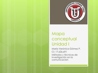 Mapa
conceptual
Unidad I
María Verónica Gómez P.
CI: 17.626.691
Métodos y técnicas de
investigación en la
comunicación
 
