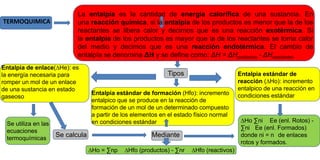 TERMOQUIMICA
La entalpía es la cantidad de energía calorífica de una sustancia. En
una reacción química, si la entalpía de los productos es menor que la de los
reactantes se libera calor y decimos que es una reacción exotérmica. Si
la entalpía de los productos es mayor que la de los reactantes se toma calor
del medio y decimos que es una reacción endotérmica. El cambio de
entalpía se denomina ΔH y se define como: ΔH = ΔHproductos - ΔHreactantes
Tipos Entalpia estándar de
reacción (∆Ho): incremento
entalpico de una reacción en
condiciones estándarEntalpia estándar de formación (Hfo): incremento
entalpico que se produce en la reacción de
formación de un mol de un determinado compuesto
a partir de los elementos en el estado físico normal
en condiciones estándar
Entalpia de enlace(∆He): es
la energía necesaria para
romper un mol de un enlace
de una sustancia en estado
gaseoso
∆Ho ∑ni Ee (enl. Rotos) -
∑ni Ee (enl. Formados)
donde ni = n de enlaces
rotos y formados.
Se utiliza en las
ecuaciones
termoquímicas
Se calcula Mediante
∆Ho = ∑np ∆Hfo (productos) - ∑nr ∆Hfo (reactivos)
 