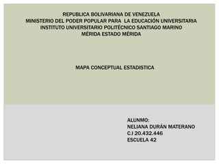 REPUBLICA BOLIVARIANA DE VENEZUELA
MINISTERIO DEL PODER POPULAR PARA LA EDUCACIÓN UNIVERSITARIA
INSTITUTO UNIVERSITARIO POLITÉCNICO SANTIAGO MARINO
MÉRIDA ESTADO MÉRIDA
ALUNMO:
NELIANA DURÁN MATERANO
C.I 20.432.446
ESCUELA 42
MAPA CONCEPTUAL ESTADISTICA
 