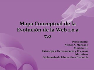 Participante:Participante:
Néstor A. ManzanoNéstor A. Manzano
Modulo III:Modulo III:
Estrategias, Herramientas y RecursosEstrategias, Herramientas y Recursos
EducativosEducativos
Diplomado de Educación a DistanciaDiplomado de Educación a Distancia
Mapa Conceptual de laMapa Conceptual de la
Evolución de la Web 1.0 aEvolución de la Web 1.0 a
7.07.0
 