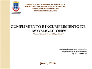 REPÚBLICA BOLIVARIANA DE VENEZUELA
MINISTERIO DEL PODER POPULAR PARA LA
EDUCACIÓN UNIVERSITARIA
UNIVERSIDAD YACAMBÚ
CUMPLIMIENTO E INCUMPLIMIENTO DE
LAS OBLIGACIONES
“Teoría General de las Obligaciones”
Participantes:
Norimar Álvarez. C.I: 15. 985. 478
Expediente: CJP – 002-00416V
TJC-0753 ED0D0V
Junio, 2016
 