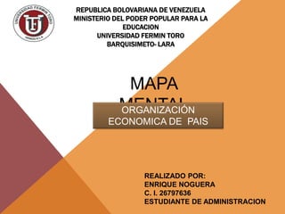 REPUBLICA BOLOVARIANA DE VENEZUELA
MINISTERIO DEL PODER POPULAR PARA LA
EDUCACION
UNIVERSIDAD FERMIN TORO
BARQUISIMETO- LARA
REALIZADO POR:
ENRIQUE NOGUERA
C. I. 26797636
ESTUDIANTE DE ADMINISTRACION
MAPA
MENTALORGANIZACIÓN
ECONOMICA DE PAIS
 