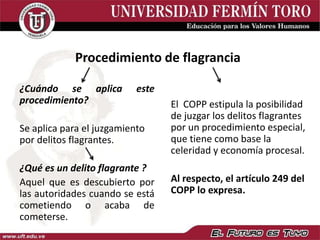 Procedimiento de flagrancia
¿Cuándo se aplica este
procedimiento?
Se aplica para el juzgamiento
por delitos flagrantes.
¿Qué es un delito flagrante ?
Aquel que es descubierto por
las autoridades cuando se está
cometiendo o acaba de
cometerse.
El COPP estipula la posibilidad
de juzgar los delitos flagrantes
por un procedimiento especial,
que tiene como base la
celeridad y economía procesal.
Al respecto, el artículo 249 del
COPP lo expresa.