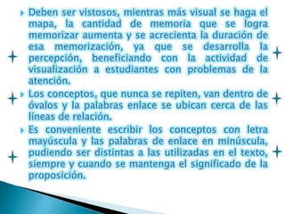    Deben ser vistosos, mientras más visual se haga el
    mapa, la cantidad de memoria que se logra
    memorizar aumenta y se acrecienta la duración de
    esa memorización, ya que se desarrolla la
    percepción, beneficiando con la actividad de
    visualización a estudiantes con problemas de la
    atención.
   Los conceptos, que nunca se repiten, van dentro de
    óvalos y la palabras enlace se ubican cerca de las
    líneas de relación.
   Es conveniente escribir los conceptos con letra
    mayúscula y las palabras de enlace en minúscula,
    pudiendo ser distintas a las utilizadas en el texto,
    siempre y cuando se mantenga el significado de la
    proposición.
 