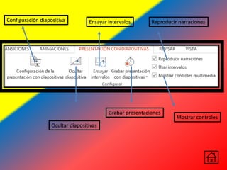 Configuración diapositiva Ensayar intervalos
Ocultar diapositivas
Grabar presentaciones
Reproducir narraciones
Mostrar controles
 