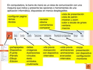 En computadora, la barra de menú es un área de comunicación con una
maquina que indica y presenta las opciones o herramientas de una
aplicación informática, dispuestas en menús desplegables.
-portapapeles
-Diapositiva
-Fuente
-Párrafo
-Dibujo
-Edición
-tablas
-imágenes
-ilustraciones
-vínculos
-texto
-símbolos
-multimedia
-vita previa
-transacción
con diapositiva
-intervalos
-vista previa
-animaciones
-animaciones
avanzadas
-intervalos
-iniciar
presentación
con diapositiva
-configuración
-monitores
-configurar pagina
-temas
-fondos
-revisión
-idioma
-comentarios
-comparar
-vista de presentación
-vista de patrón
-mostrar y zoom
-color o escala de grises
-ventana
-macros
 