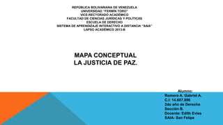 REPÚBLICA BOLIVARIANA DE VENEZUELA
UNIVERSIDAD “FERMÍN TORO”
VICE-RECTORADO ACADÉMICO
FACULTAD DE CIENCIAS JURÍDICAS Y POLÍTICAS
ESCUELA DE DERECHO
SISTEMA DE APRENDIZAJE INTERACTIVO A DISTANCIA “SAIA”
LAPSO ACADÉMICO 2013-B
MAPA CONCEPTUAL
LA JUSTICIA DE PAZ.
Alumno:
Romero A. Gabriel A.
C.I: 14.607.896
2do año de Derecho
Sección B.
Docente: Edith Evies
SAIA- San Felipe
 