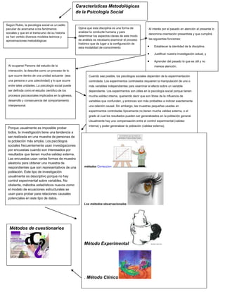 Características Metodológicas
                                                    de la Psicología Social

Según Rubio, la psicología social es un estilo
peculiar de acercarse a los fenómenos                Opina que esta disciplina es una forma de             Al interés por el pasado en atención al presente lo
sociales y que en el transcurso de su historia       analizar la conducta humana y para
                                                                                                           denomina orientación presentista y que cumplirá
se han vertido diversos modelos teóricos y           determinar los aspectos claves de este modo
                                                     de análisis es necesario examinar el proceso          las siguientes funciones:
aproximaciones metodológicas
                                                     histórico que da lugar a la configuración de
                                                     esta modalidad de conocimiento                            Establecer la identidad de la disciplina.

                                                                                                               Justificar nuestra investigación actual, y

                                                                                                               Aprender del pasado lo que es útil y no
 Al ocuparse Parsons del estudio de la                                                                         merece atención.
 interacción, la describe como un proceso de lo
 que ocurre dentro de una unidad actuante (sea              Cuando sea posible, los psicólogos sociales dependen de la experimentación
 una persona o una colectividad) y lo que ocurre            controlada. Los experimentos controlados requieren la manipulación de uno o
 entre tales unidades. La psicología social puede           más variables independientes para examinar el efecto sobre un variable
 ser definida como el estudio científico de los             dependiente. Los experimentos son útiles en la psicología social porque tienen
 procesos psicosociales implicados en la génesis,           mucha validez interna, queriendo decir que son libres de la influencia de
 desarrollo y consecuencia del comportamiento               variables que confunden, y entonces son más probables a indiciar exactamente
 interpersonal.                                             una relación causal. Sin embargo, las muestras pequeñas usadas en
                                                            experimentos controladas típicamente no tienen mucha validez externa, o el
                                                            grado al cual los resultados pueden ser generalizados en la población general.
                                                            Usualmente hay una compensación entre el control experimental (validez
                                                            interna) y poder generalizar la población (validez externa).
 Porque usualmente es imposible probar
 todos, la investigación tiene una tendencia a
 ser realizada en una muestra de personas de
 la población más amplia. Los psicólogos
 sociales frecuentemente usan investigaciones
 por encuestas cuando son interesados por
 resultados que tienen mucha validez externa.
 Las encuestas usan varias formas de muestra
 aleatoria para obtener una muestra de
 respondientes que son representativos de una            métodos Correccion
 población. Este tipo de investigación
 usualmente es descriptivo porque no hay
 control experimental sobre variables. No
 obstante, métodos estadísticos nuevos como
 el modelo de ecuaciones estructurales se
 usan para probar para relaciones causales
 potenciales en este tipo de datos.
                                                         Los métodos observacionales




  Métodos de cuestionarios


                                                         Método Experimental




                                                         . Método Clínico
 