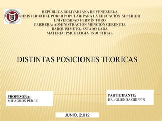 REPÚBLICA BOLIVARIANA DE VENEZUELA
     MINISTERIO DEL PODER POPULAR PARA LA EDUCACIÓN SUPERIOR
                     UNIVERSIDAD FERMÍN TORO
            CARRERA: ADMINISTRACIÓN MENCIÓN GERENCIA
                    BARQUISIMETO, ESTADO LARA
                  MATERIA: PSICOLOGIA INDUSTRIAL




    DISTINTAS POSICIONES TEORICAS



PROFESORA:                                   PARTICIPANTE:
MILAGROS PEREZ                               BR.: GLENDA GRIFFIN



                         JUNIO, 2.012
 
