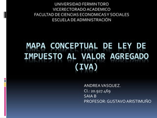 MAPA CONCEPTUAL DE LEY DE
IMPUESTO AL VALOR AGREGADO
(IVA)
UNIVERSIDAD FERMINTORO
VICERECTORADOACADEMICO
FACULTAD DE CIENCIAS ECONOMICASY SOCIALES
ESCUELA DE ADMINISTRACIÓN
ANDREAVASQUEZ.
CI.: 20.927.469
SAIA B
PROFESOR: GUSTAVO ARISTIMUÑO
 