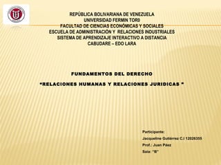 REPÚBLICA BOLIVARIANA DE VENEZUELA
UNIVERSIDAD FERMIN TOR0
FACULTAD DE CIENCIAS ECONÓMICAS Y SOCIALES
ESCUELA DE ADMINISTRACIÓN Y RELACIONES INDUSTRIALES
SISTEMA DE APRENDIZAJE INTERACTIVO A DISTANCIA
CABUDARE – EDO LARA
FUNDAMENTOS DEL DERECHO
“RELACIONES HUMANAS Y RELACIONES JURIDICAS ”
Participante:
Jacqueline Gutiérrez C.I 12026355
Prof.: Juan Páez
Saia: “B”
 