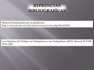 Material Suministrado por la plataforma.
http://saia.uft.edu.ve/ead/mod/resource/view.php?id=414744.
Ley Orgánica del Trabajo, los Trabajadores y las Trabajadoras (2012). Decreto Nº 8.938
30 de abril.
 