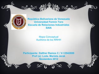 República Bolivariana de Venezuela
       Universidad Fermín Toro
   Escuela de Relaciones Industriales
                  SAIA


            Mapa Conceptual
          Auditoria de los RRHH




Participante: Dalther Ramos C / V-12942699
        Prof (a): Lcda. Marieta Jerak
              Noviembre 2012
 