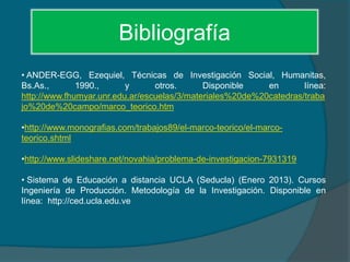 Bibliografía
• ANDER-EGG, Ezequiel, Técnicas de Investigación Social, Humanitas,
Bs.As., 1990., y otros. Disponible en línea:
http://www.fhumyar.unr.edu.ar/escuelas/3/materiales%20de%20catedras/traba
jo%20de%20campo/marco_teorico.htm
•http://www.monografias.com/trabajos89/el-marco-teorico/el-marco-
teorico.shtml
•http://www.slideshare.net/novahia/problema-de-investigacion-7931319
• Sistema de Educación a distancia UCLA (Seducla) (Enero 2013). Cursos
Ingeniería de Producción. Metodología de la Investigación. Disponible en
línea: http://ced.ucla.edu.ve