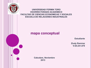 UNIVERSIDAD FERMIN TORO
VICERRECTORADO ACADEMICO
FACULTAD DE CIENCIAS ECONOMICAS Y SOCIALES
ESCUELA DE RELACIONES INDUSTRIALES

mapa conceptual
Estudiante
Ziudy Ramírez
V-20.241.879

Cabudare, Noviembre
2013

 