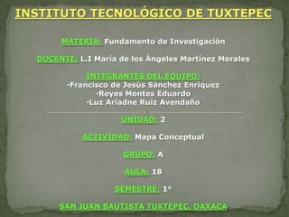 inStituto tecnológico de tuxtepec     MATERIA:Fundamento de Investigación   DOCENTE:L.I María de los Ángeles Martínez Morales   INTEGRANTES DEL EQUIPO: ,[object Object]