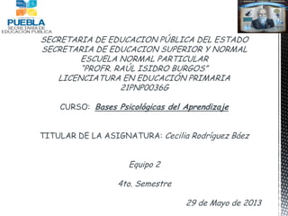 SECRETARIA DE EDUCACION PÚBLICA DEL ESTADO
SECRETARIA DE EDUCACION SUPERIOR Y NORMAL
ESCUELA NORMAL PARTICULAR
“PROFR. RAÚL ISIDRO BURGOS”
LICENCIATURA EN EDUCACIÓN PRIMARIA
21PNP0036G
CURSO: Bases Psicológicas del Aprendizaje
TITULAR DE LA ASIGNATURA: Cecilia Rodríguez Báez
Equipo 2
4to. Semestre
29 de Mayo de 2013
 