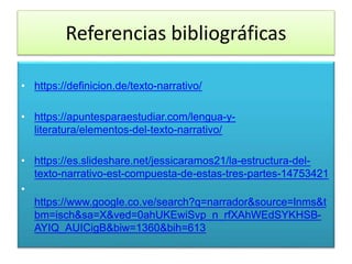 Referencias bibliográficas
• https://definicion.de/texto-narrativo/
• https://apuntesparaestudiar.com/lengua-y-
literatura/elementos-del-texto-narrativo/
• https://es.slideshare.net/jessicaramos21/la-estructura-del-
texto-narrativo-est-compuesta-de-estas-tres-partes-14753421
•
https://www.google.co.ve/search?q=narrador&source=lnms&t
bm=isch&sa=X&ved=0ahUKEwiSvp_n_rfXAhWEdSYKHSB-
AYIQ_AUICigB&biw=1360&bih=613
 